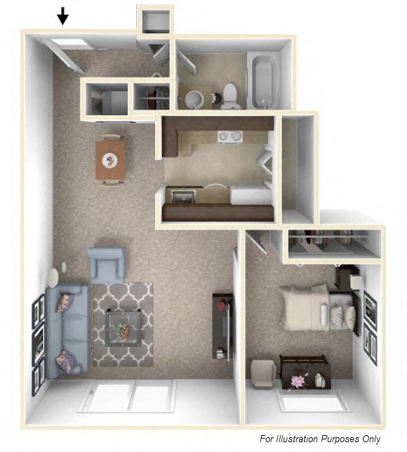 Floor plan for 1 bed, 1 bath, 680 sqft
